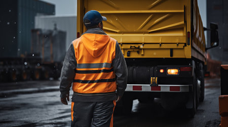 Portrait of a male worker standing in front of a truck.の素材