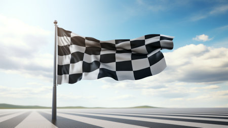 Checkered flag waving in the wind against blue sky with cloudsの素材