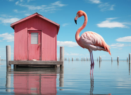 Pink flamingo on a wooden pier with a pink house in the backgroundの素材