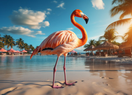 Flamingo on the beach at sunset. Tropical exotic background.の素材