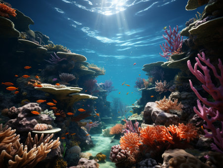 Underwater view of coral reef with fishes and corals. 3d renderの素材