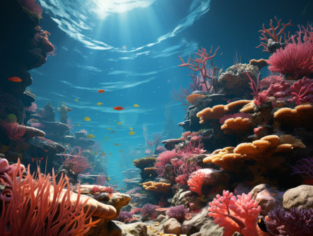 Underwater scene with corals and tropical fish. 3d renderの素材