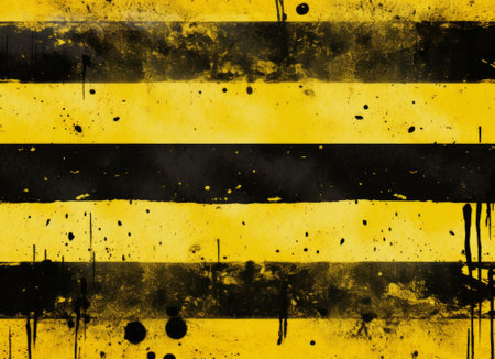 Yellow and black stripes painted on a black background. Abstract grunge background.の素材