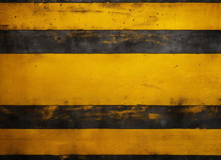 yellow and black stripes painted on grunge concrete wall - abstract backgroundの素材