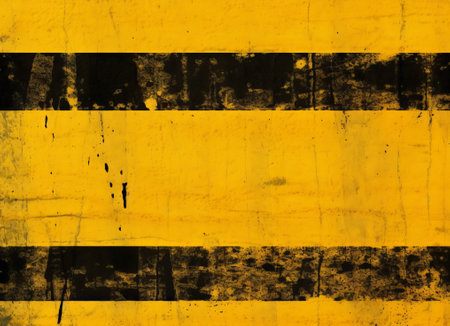 Grunge black and yellow stripes on a road surface. Abstract background.の素材