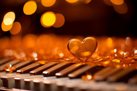 Piano keys with golden heart on bokeh background. Love music conceptの素材