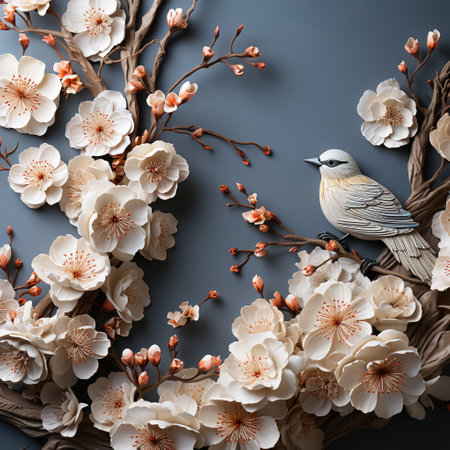 Creative composition with white flowers and bird on blue background. Flat lay, top viewの素材