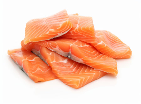 Slices of fresh salmon isolated on a white background cutoutの素材