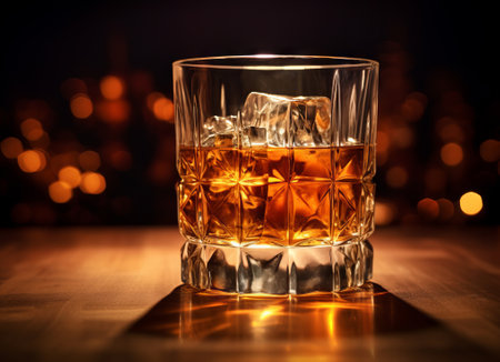 Whiskey on the rocks with ice cubes on a wooden tableの素材