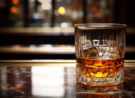 Glass of whiskey on the rocks in a bar with bokeh backgroundの素材