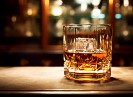 Whiskey on the rocks with ice in a glass on wooden bar counterの素材