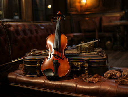 violin on the background of the interior of an old wooden houseの素材