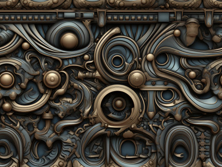 3D render of metal background with embossed fractal on leatherの素材