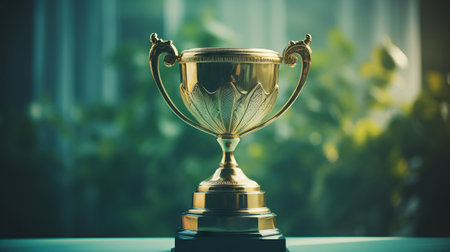 Trophy cup on wood table with green nature background - vintage filterの素材