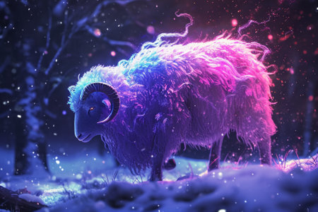 Fantasy illustration of a ram in the winter forest. 3d renderingの素材