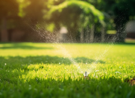 Sprinkler watering the green grass in the garden with sunlight.の素材