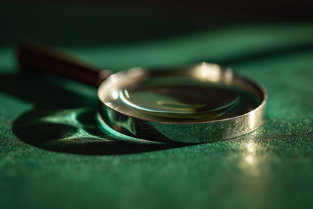 Magnifying glass on green table. Selective focus. Shallow depth of fieldの素材
