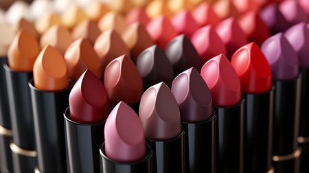 row of colorful lipsticks on black background, close-up viewの素材