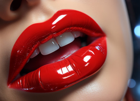 Closeup shot of beautiful woman's lips with red glossy lipstick.の素材