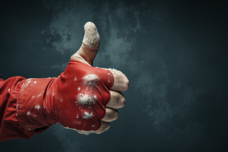 Hands in red gloves showing thumbs up gesture with copy space.の素材