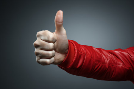 Close up of a man's hand gesturing thumbs up on dark backgroundの素材