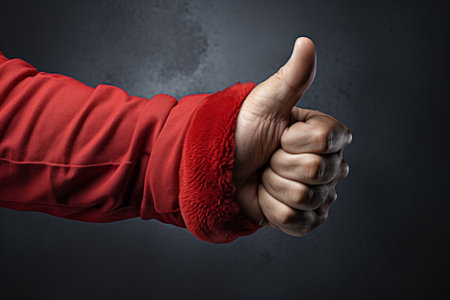 Close-up of Santa Claus giving thumbs up gesture on gray backgroundの素材