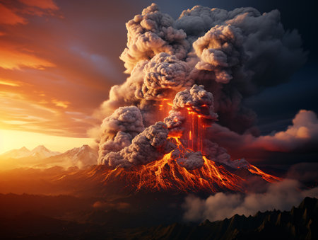 Volcanic eruption at sunset. 3D illustration of volcano eruptionの素材