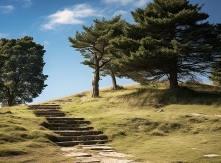Stairs leading to the hill with pine trees in the background.の素材