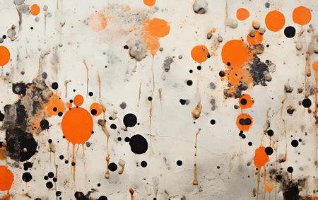 abstract background with orange and black paint splashes on white paperの素材