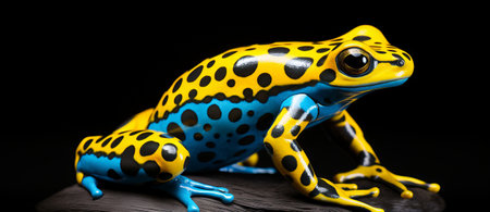 Close up of yellow and blue poison dart frog isolated on black backgroundの素材