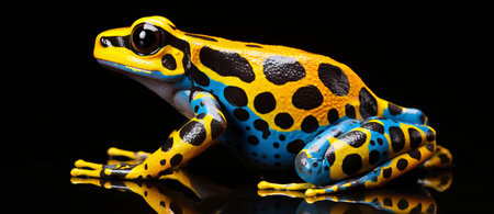 Yellow-spotted poison dart frog, Dendrobates tinctorius isolated on black backgroundの素材