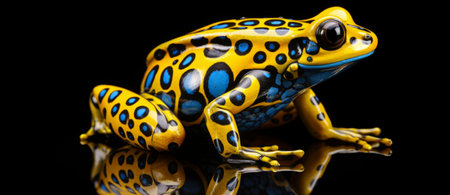 Yellow and blue poison dart frog isolated on black background with reflection.の素材