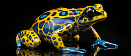 Blue and yellow frog isolated on black background. Close-up.の素材