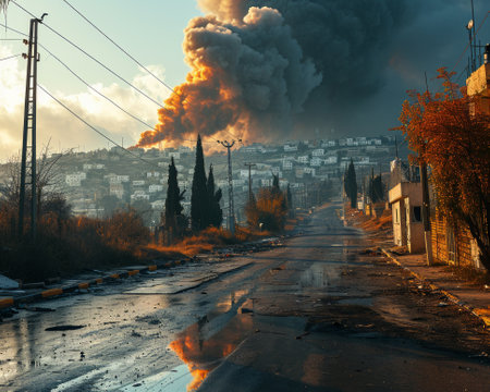 Smoke from a fire in the streets of the old city.の素材