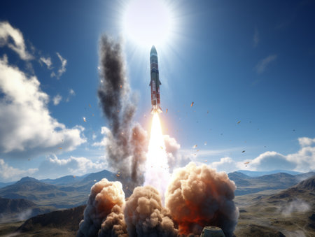 Rocket taking off into space. Mixed media. Mixed media. Mixed mediaの素材