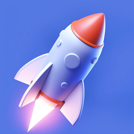 Rocket icon on blue background. 3d rendering. Computer digital drawing.の素材