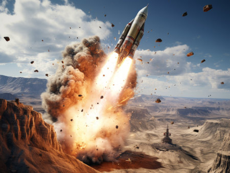 Space rocket flying high in the sky. 3d render illustration.の素材