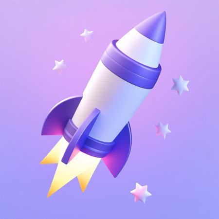 Rocket icon. Vector illustration of a cartoon rocket on a purple background.の素材