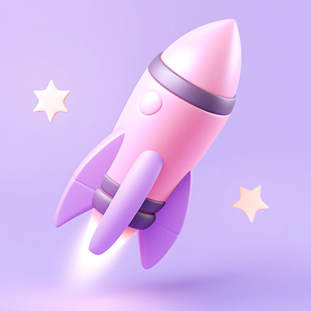 Pink rocket with a star on a purple background. Vector illustration.の素材
