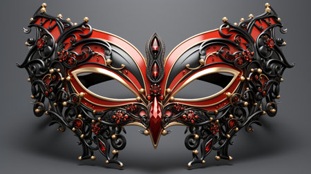 Carnival mask with gold ornament on black background. 3d illustrationの素材