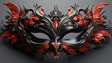Mardi Gras mask with red feathers on black background. 3d illustrationの素材