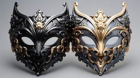 Black Venetian masks on a gray background. 3d illustrationの素材