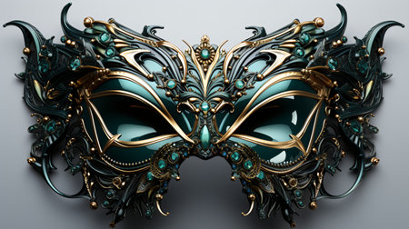 3d illustration of fantasy mask with feathers and gems in black backgroundの素材