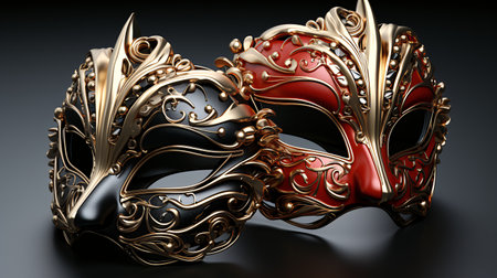Masks with gold ornament on black background. 3D illustration.の素材