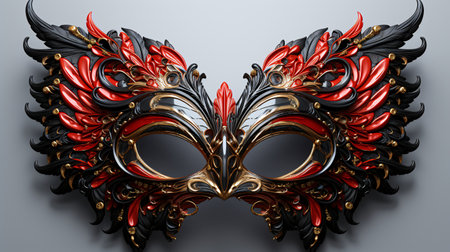 Mardi Gras mask with red and black feathers. 3d illustrationの素材