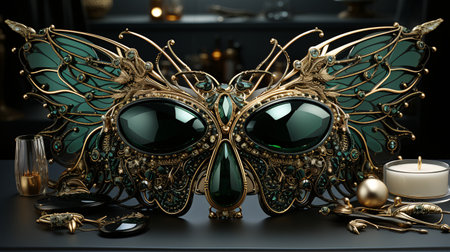 Mardi Gras mask on black table. 3d illustration.の素材