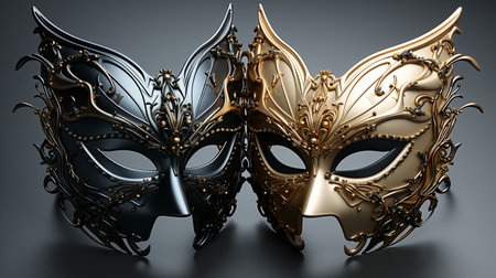 Masks with gold ornament on gray background. 3D illustration.の素材
