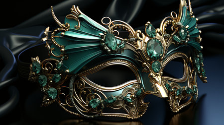 Carnival mask with green gems on black background. 3d illustrationの素材
