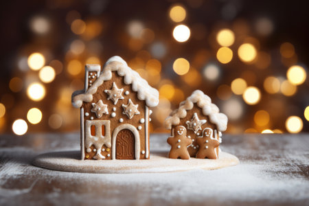 Gingerbread house on a wooden background with bokeh lightsの素材