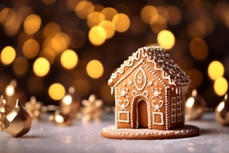 Gingerbread house and christmas decoration on bokeh backgroundの素材